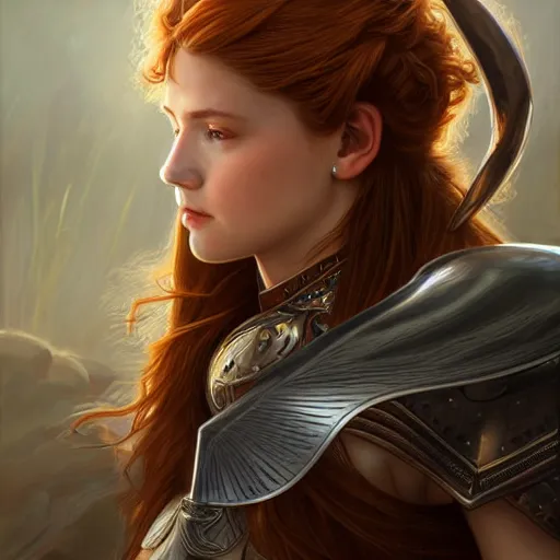 Image similar to Portrait of young girl knight shining armor longsword shieldmaiden, long auburn hair, brown eyes, intricate, elegant, highly detailed, digital painting, artstation, concept art, smooth, sharp focus, illustration, art by artgerm and greg rutkowski and alphonse mucha and andrei riabovitchev