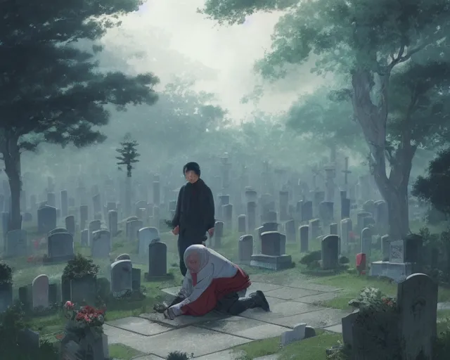 Image similar to a 50 year old brunnete chinese man kneeling over a grave in a cemetery, horror scene, dramatic, anime art, Greg Rutkowski, studio ghibli, dramatic lighting