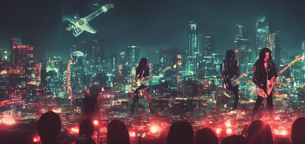 Prompt: The wide shot of disco punk rock Asian band with very long curly dark hair playing on guitars while Godzilla destructs the city, night city on the background, flying saucer in the sky, by Lubezki and David Lynch, anamorphic 35 mm lens, cinematic, anamorphic lens flares 4k