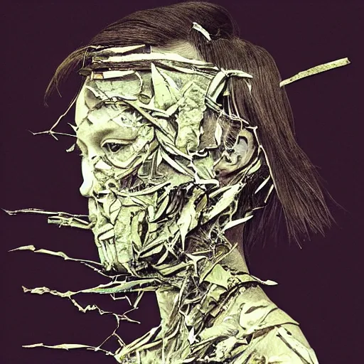 Image similar to face shredded like paper as skin peeling, dark, surreal, illustration, by ally burke