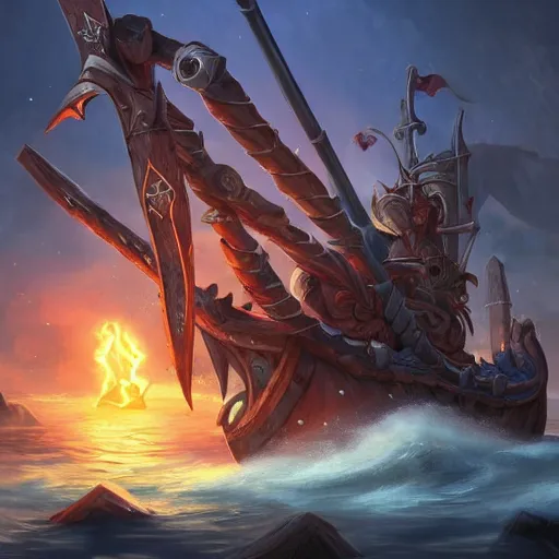 Image similar to arcane style viking battleship, viking cannons, viking spears and axes. spear and axes, sea background, bright art masterpiece artstation. 8 k, sharp high quality artwork, concept art by tooth wu, blizzard warcraft artwork, hearthstone card artwork