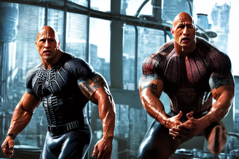 Image similar to film still of Dwayne Johnson as Eddie Brock in Spider-man 3 2007, 4k