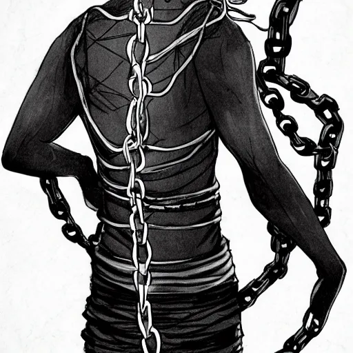 Image similar to A FULL BODY PORTRAIT FROM BEHIND OF UCHIHA ,THE MAN KEEPS A KUSARIGAMA AND IT IS WRAPPED IN CHAINS ,detailed, concept art, ink style , sketch