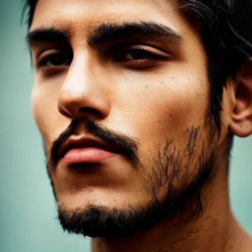 Image similar to color portrait of a very handsome peruvian male model by emmanuel lubezki