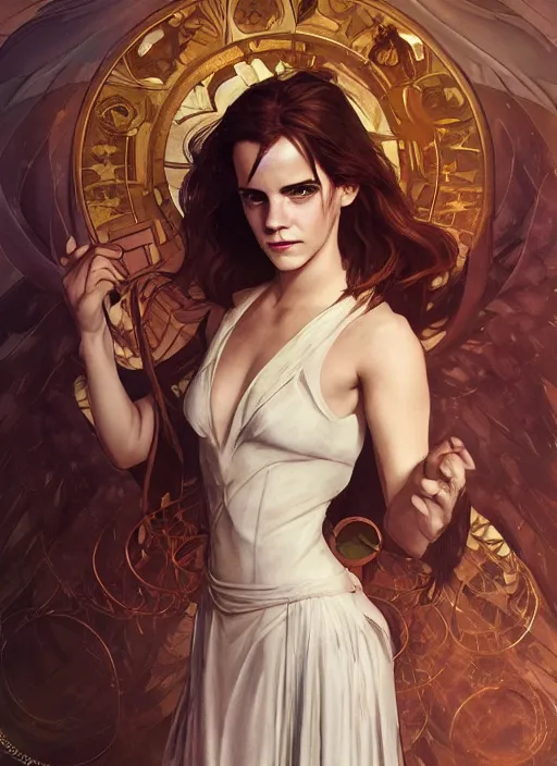 Prompt: Emma Watson as Lucifer morningstar, very detailed, digital art, concept art, illustration, trending on ArtStation, art byvgreg rutkowski and alphonse mucha and J. C. Leyendecker