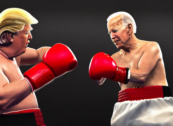 Image similar to a beautiful painting of donald trump and joe biden in a boxing match, cinematic angle, studio lighting, movie concept, trending on artstation, octane render, 8 k, ultra high detail