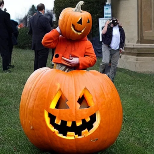 Image similar to angela merkel is the award winning pumpkin head of halloween.