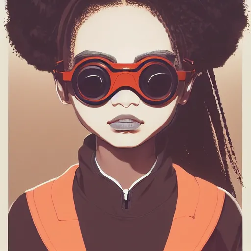 Prompt: face of a girl wearing goggles, brown skin, symmetrical, ilya kuvshinov, jamie hewlett, yoji shinkawa, muted colors, portrait, beautiful detailed illustration, graphic, fun, 17th century oil painting, flat colors, studio ghibli, cel shading,