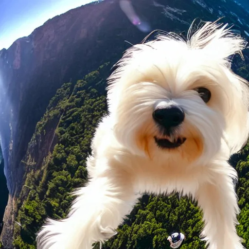 Image similar to a cream-colored havanese base jumping, gopro photo, 4k