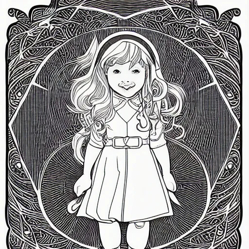 Image similar to clean simple line art of a cute little girl with short wavy curly hair. she is dressed as an astronaut. no background. well composed, clean coloring book page, beautiful detailed face. coloring book line art by artgerm and greg rutkowski and johanna basford and alphonse mucha