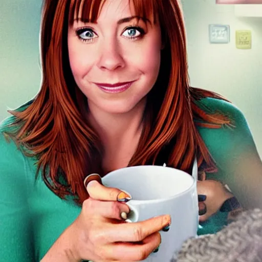 Image similar to lily aldrin ( himym ) drinking coffee in a cup, very detailed face