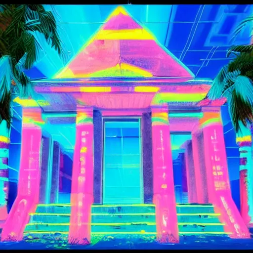 Prompt: a ancient egypt palace covered with blue and pink neons, retrowave art, trending on art station