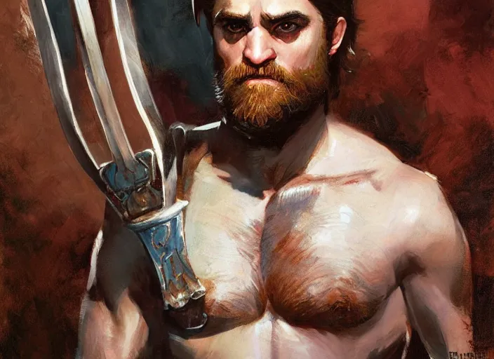 Prompt: a highly detailed beautiful portrait of robert pattison as kratos, by gregory manchess, james gurney, james jean