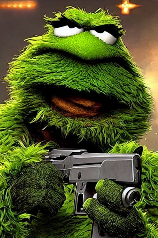 Image similar to “ oscar the grouch on the cover of call of duty 4 ”