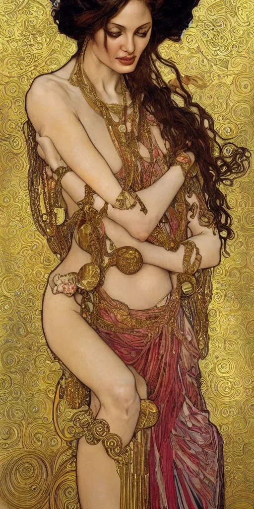 Prompt: realistic detailed dramatic portrait of Anglina Jolie as Salome dancing, wearing an elaborate jeweled gown, by Alphonse Mucha and Gustav Klimt, gilded details, intricate spirals, coiled realistic serpents, Neo-Gothic, gothic, Art Nouveau, ornate medieval religious icon, long dark flowing hair spreading around her