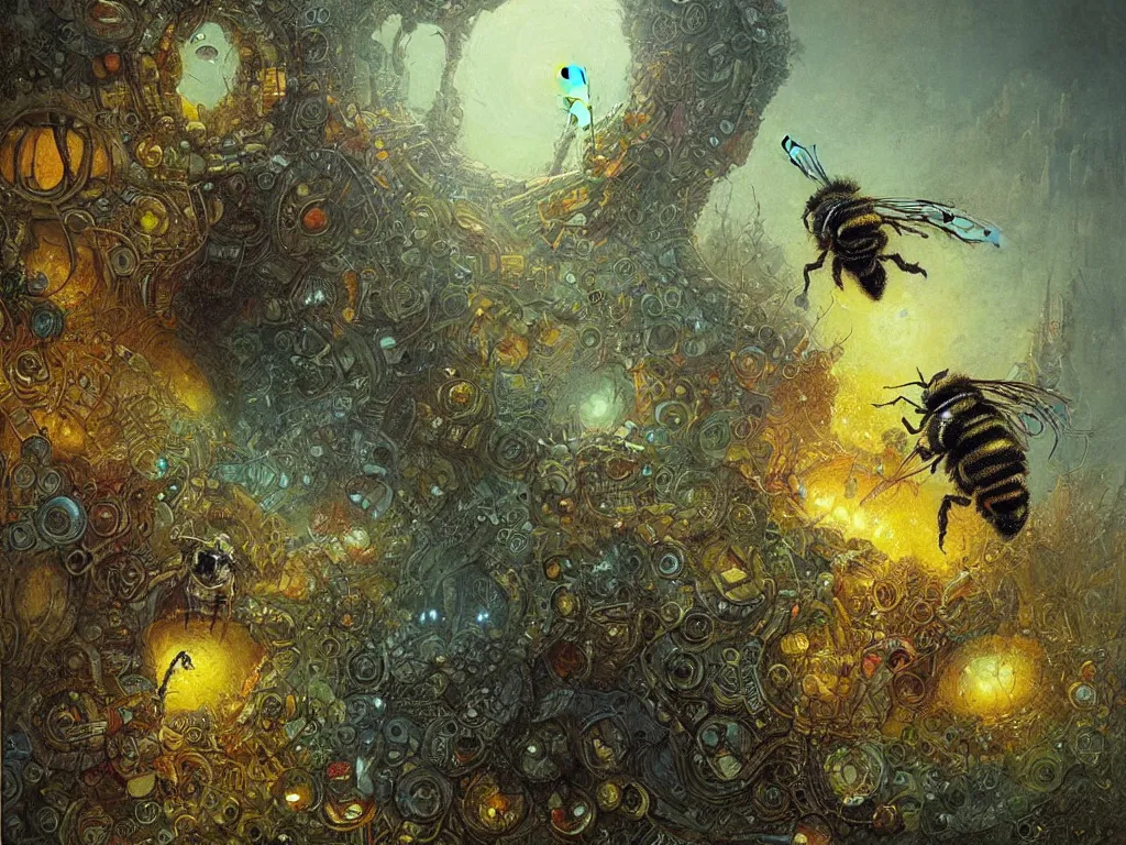 Prompt: Hooligan bee squatting on suburbia. Strange, Enigmatic, Spiralling, Colourful, Psychedelic Natural Horror by Greg Rutkowski and Gustave Doré