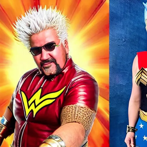 Image similar to Cinematic movie still of Guy Fieri cosplaying as Wonder Woman but it\'s actually Guy Fieri