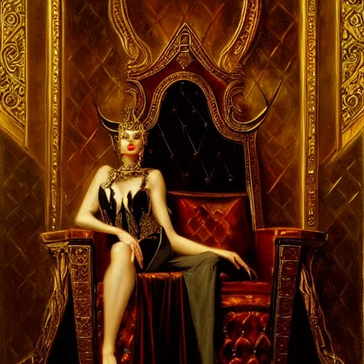 Image similar to portrait of attractive vampire queen in gold gothic robe sitting on a throne of black bones, painting by gaston bussiere, craig mullins, j. c. leyendecker, 8 k, mid shot