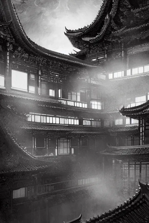 Image similar to antique chinese celestial palace, portrait, powerfull, intricate, elegant, black and white volumetric lighting, scenery, digital painting, highly detailed, artstation, sharp focus, illustration, concept art, ruan jia, steve mccurry