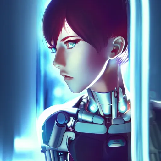 Prompt: digital anime, cyborg - girl looking into a mirror, mechanical insides, reflections, wlop, ilya kuvshinov, artgerm