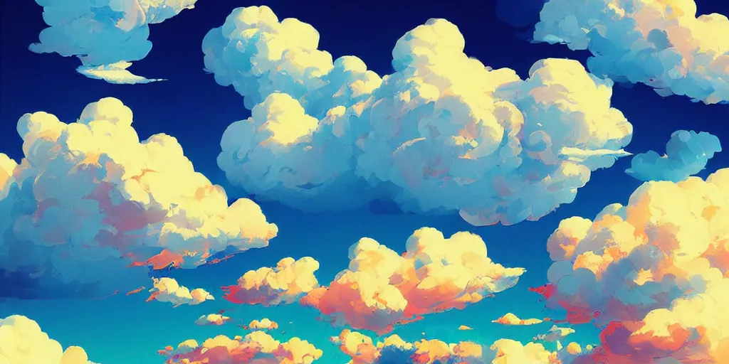 Image similar to fluffy clouds in the sky, digital art, blue sky, vivid colors, artgerm, james gilleard, beautiful, highly detailed, intricate, trending on art station