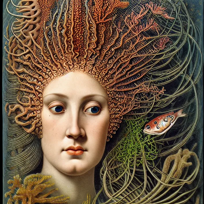 Image similar to realistic detailed face portrait of the goddess of the fish of the three times with an intricate headdress of corals, sea kelp, sea plants, fish, jellyfish, art by archimboldo and ernst haeckel, face in focus, neo - gothic, gothic,