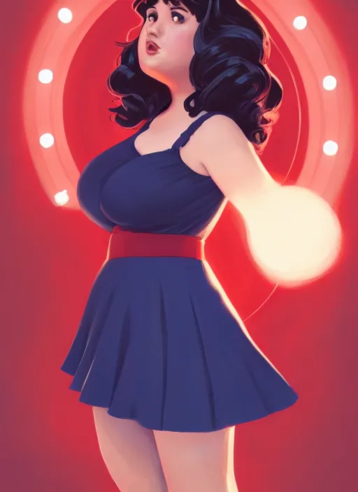 Image similar to full body portrait of teenage veronica lodge, obese, bangs, sultry, realistic, sultry smirk, wavy hair, red skirt, fat, belly, intricate, elegant, glowing lights, highly detailed, digital painting, artstation, concept art, smooth, sharp focus, illustration, art by wlop, mars ravelo and greg rutkowski