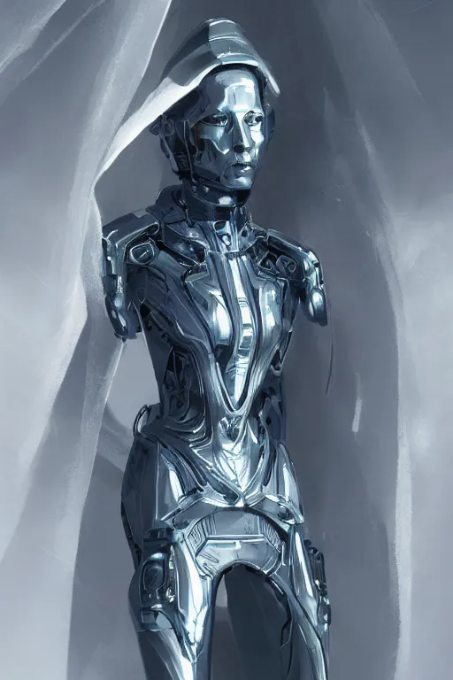 Image similar to beautiful cyborg priestess, scifi, perfect face, futuristic, elegant cape, aura of light, glow, concept art, sharp focus, inside a space ship, trending on artstation, hwang se - on, intricate, advanced technology, art by roman makarenko and simon almeida and marcos melco