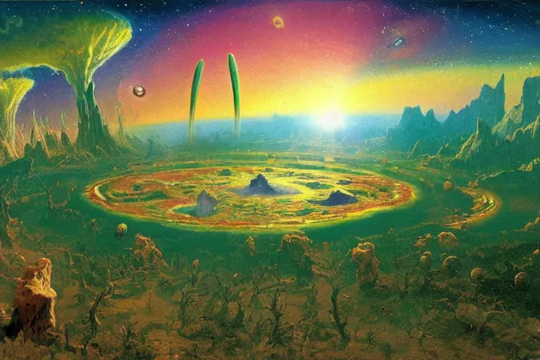 Image similar to protozoic cosmic reversal big bang landscape in the style of dr. seuss, 2 0 0 1 a space odyssey, painting by albert bierstadt