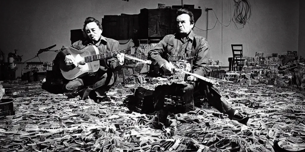 Image similar to Johnny Cash croons snake guitar amidst reels of tape, newspaper clippings and sheathes of wheat, still from the unreleased movie UNLESS YOU HATE BULL RUNS directed by Federico Fellini, hyperreal lifelike cinematography with purple and green atmospheric light and shadow, 35mm film, rendered in octane with snakeoil subsurface scattering