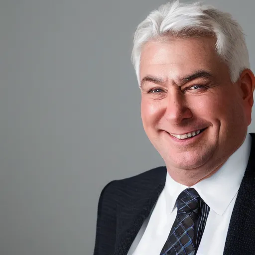 Image similar to close - up portrait of chubby chubby chubby white clean - shaven man in his sixties with white hair wearing a suit and tie, open mouthed smile,