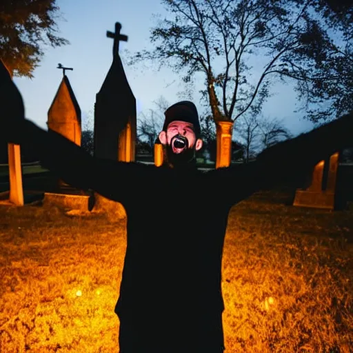 Prompt: A man takes a selfie in a dark and spooky graveyard, the only light coming from the full moon, as he smiles for the camera, in a Halloween style.