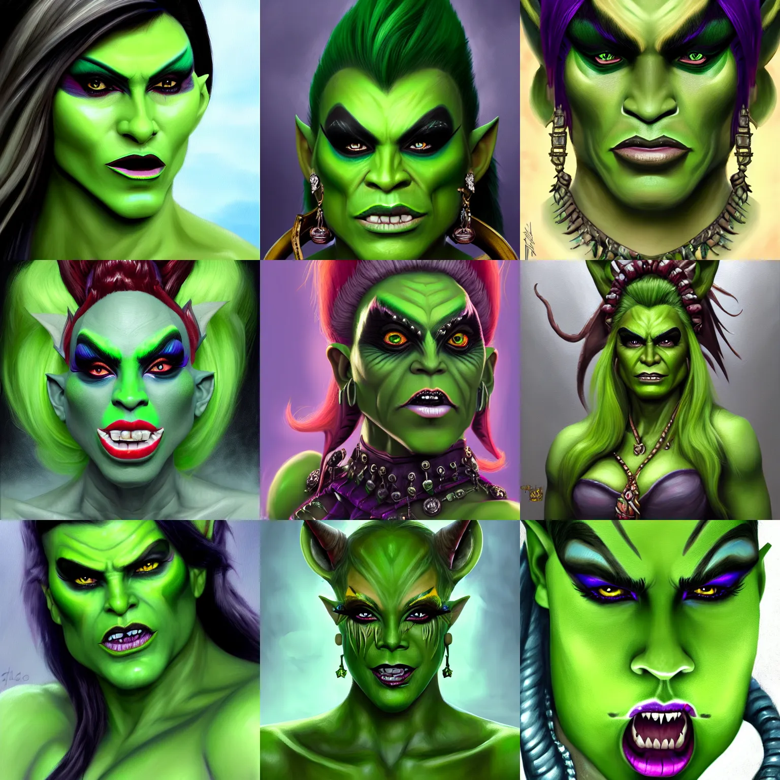 Prompt: concept art oil painting, fantasy portrait of a green - skinned orc!!!!!!! drag queen!!!!!!!, orc drag queen with heavy makeup, extremely detailed, brush hard, trending on artstation, 8 k resolution artwork, painting with detailed realistic face