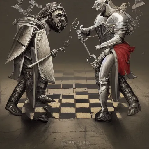 Image similar to two chess pieces fighting, the knight and the bishop on a wood chess board , fantasy art, in the style of greg rutkowski, illustration, epic, fantasy, intricate, hyper detailed, artstation, concept art, smooth, sharp focus, ray tracing