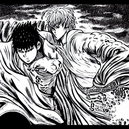 Prompt: guts fighting griffith, black and white, in the style of kentaro miura, highly detailed frame