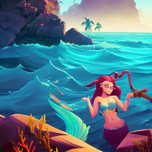 Image similar to painting mermaid treasure on sea of thieves game avatar hero smooth face median photoshop filter cutout vector, behance hd by jesper ejsing, by rhads, makoto shinkai and lois van baarle, ilya kuvshinov, rossdraws global illumination