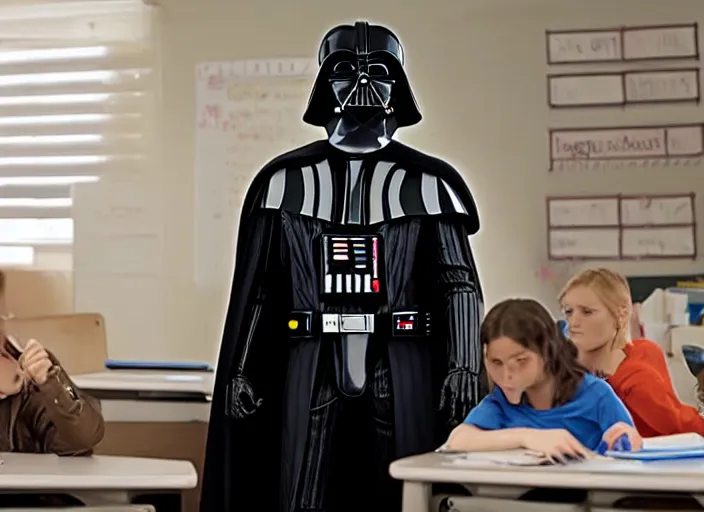 Prompt: film still of Darth Vader working as a high school teacher in the new Star Wars movie, 4k