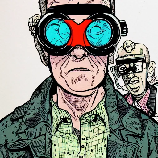 Image similar to close up portrait of goth nerd wearing goggles, by geof darrow, geof darrow art,