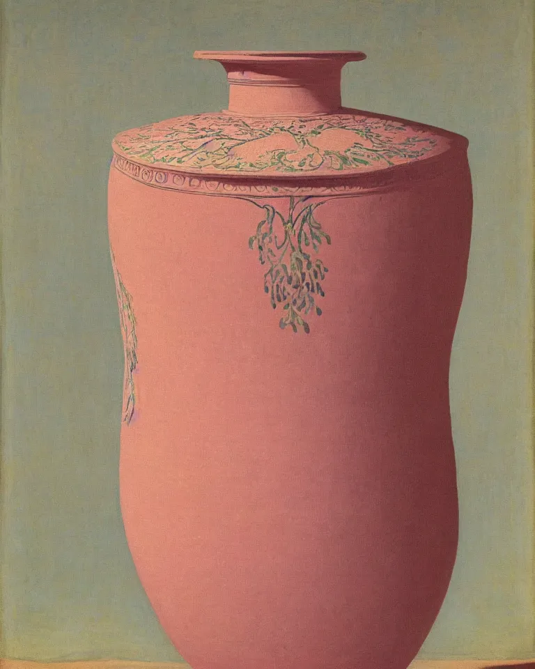 Image similar to achingly beautiful print of intricately painted ancient greek krater on a pink background by rene magritte, monet, and turner.