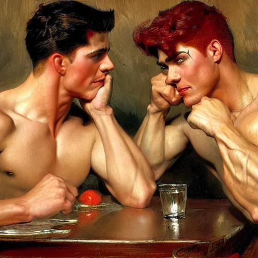 Image similar to attractive muscular male with red hair and muscular attractive male with black hair, drinking their hearts out, in a pub. very defined and highly detailed painting by j. c. leyendecker, gaston bussiere, craig mullins 8 k