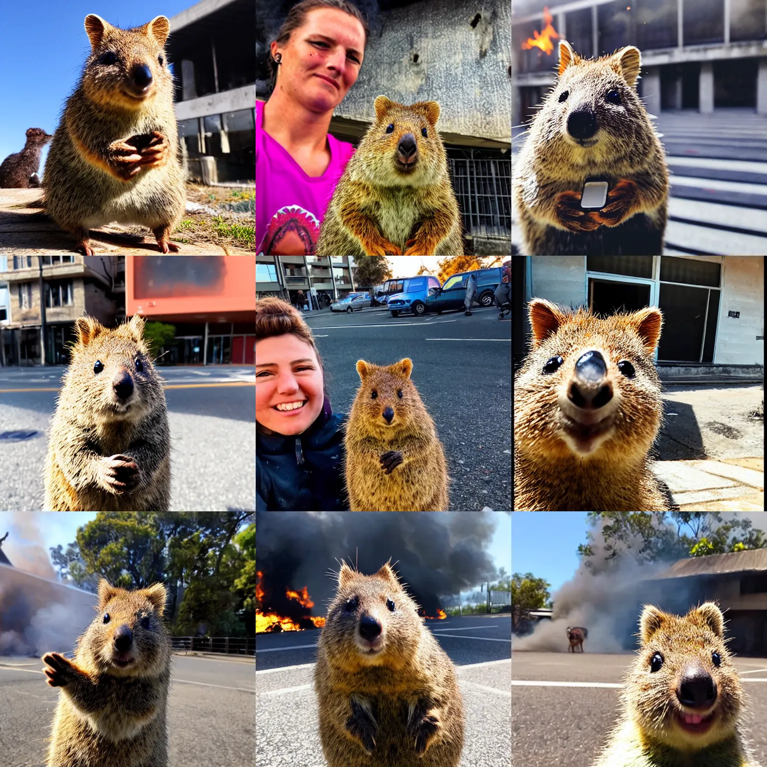 Prompt: a quokka selfie in front of a burning building