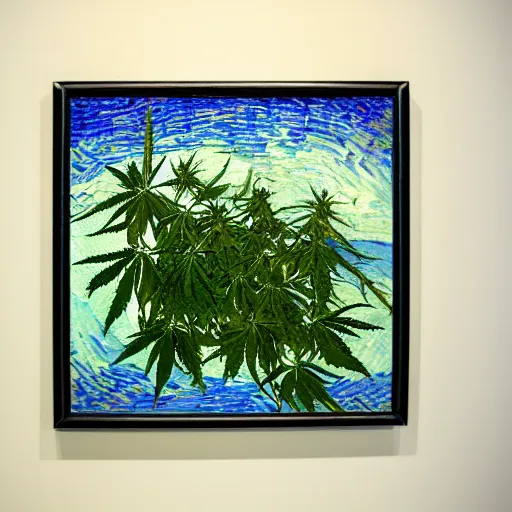 Image similar to jesus spreads his hands against the background of growing cannabis. an oil painting in the style of van gogh