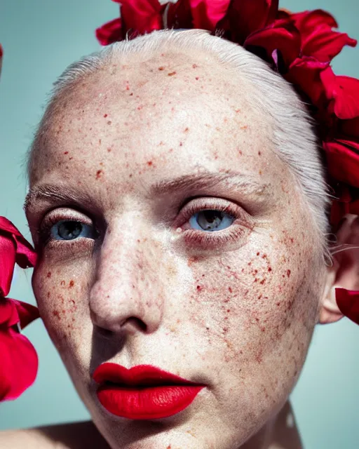 Image similar to Close-up portrait of a woman, close-up, high sharpness, zeiss lens, fashion photo shoot, flowers, white hair, freckles, Red lipstick, against gold, Annie Leibovitz and Steve McCurry, David Lazar, Jimmy Nelsson, artistic, hyper-realistic, beautiful face, octane rendering