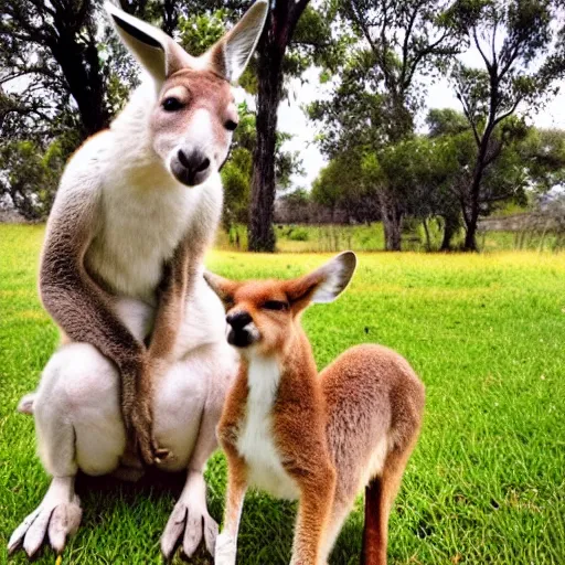 Prompt: a kangaroo and a very cute white rural dog photograph, high quality, award winning