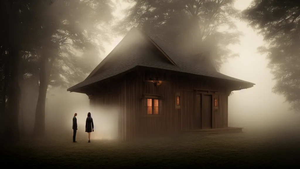 Image similar to portrait of a woman and a man standing on the threshold of a wooden house, fog, volumetric lighting, mystique, atmospheric, sharp focus, ultra detailed, ross tran, thierry doizon, kai carpenter, ignacio fernandez rios, noir art house, 4 k, 3 5 mm