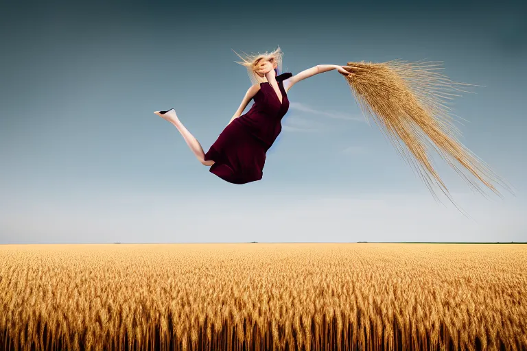 Prompt: photograph of a fashion model flying over a wheat field. photography by julia hetta, cinematic, elegant, real dlsr photography, sharp focus, 4 k, ultra hd, sense of awe