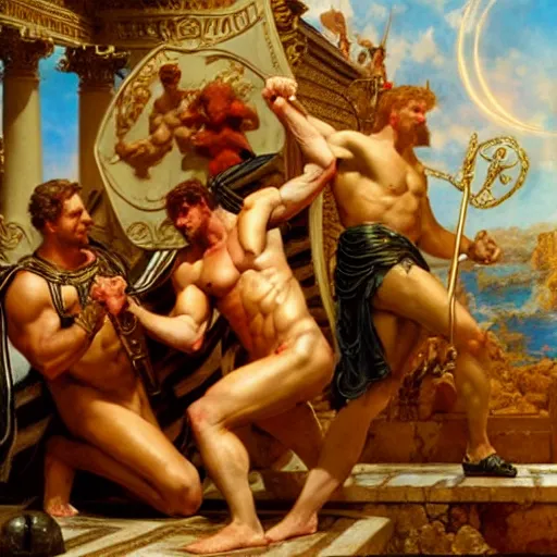 Image similar to ares and hercules dab in front of zeus the ruler of olympus, heavenly marble, ambrosia served on golden platters, painting by gaston bussiere, craig mullins, j. c. leyendecker, tom of finland