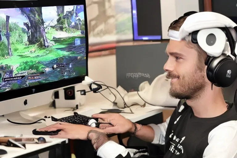 Image similar to pewdiepie on his computer gaming, photorealistic, hd, 8 k