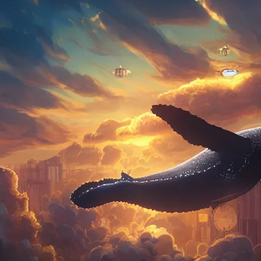 Prompt: A huge whale flying in the clouds above a steampunk mega city, golden lighting, artstation