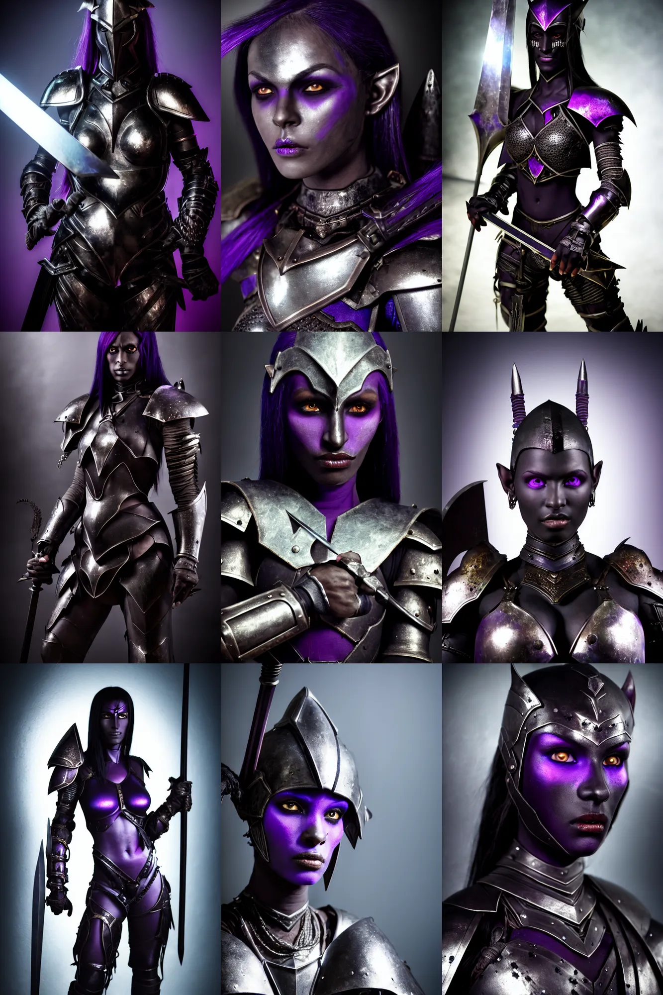 Prompt: an ultra high definition real life head shot photograph of female dark elf with dark black purple skin wearing metal armour and holding sword in an underground cave with props and clutter. close up. three point lighting. volumetric. refraction. extremely detailed. soft focus. ambient light sources. haze artefacts, light glare, art directed. filmic. stark.